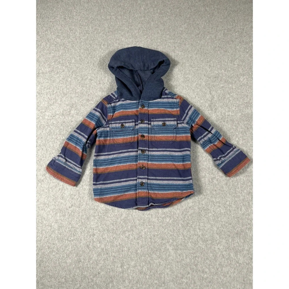 OshKosh B'gosh Toddler Boys Navy Orange Striped Hooded Flannel Shirt 2T